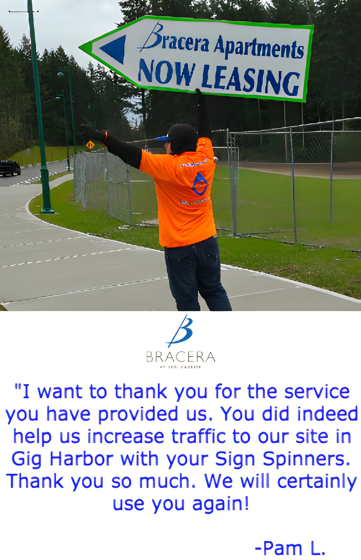 Client testimonial letter from Bracera Apartments — Gig Harbor, WA